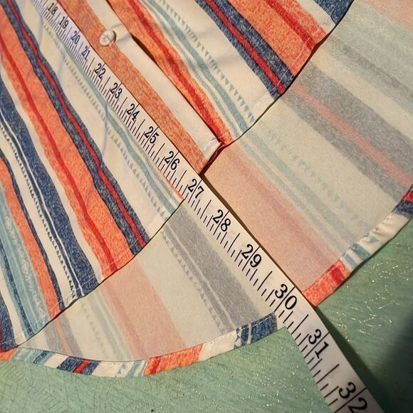 Button-front rounded hem long sleeve shirt size M coral, blue and cream stripes - Picture 10 of 13